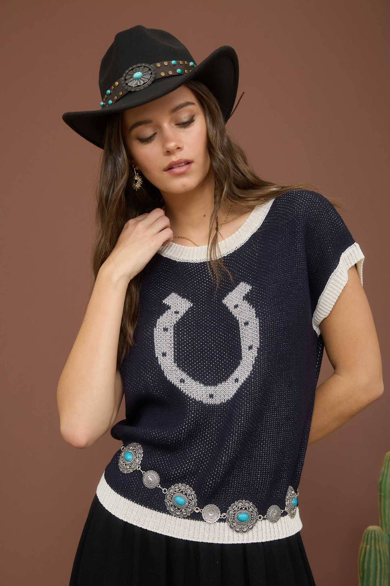 NAVY HORSESHOE SHORT SLEEVE KNIT SWEATER