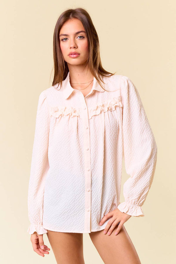 Textured Woven Long Sleeve Button Down Blouse