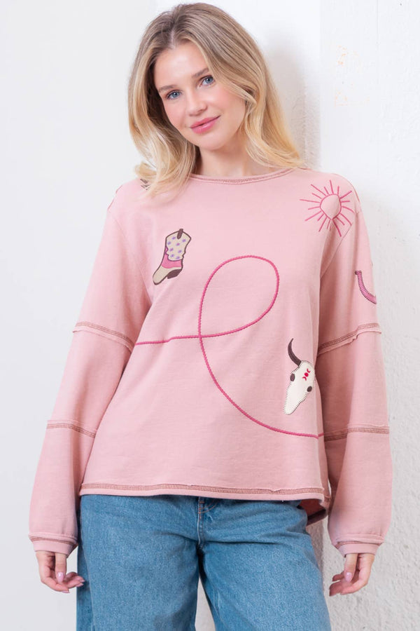 HT28793T-L/S BOAT NECK WESTERN EMBO TOP: Camel / Contemporary / S