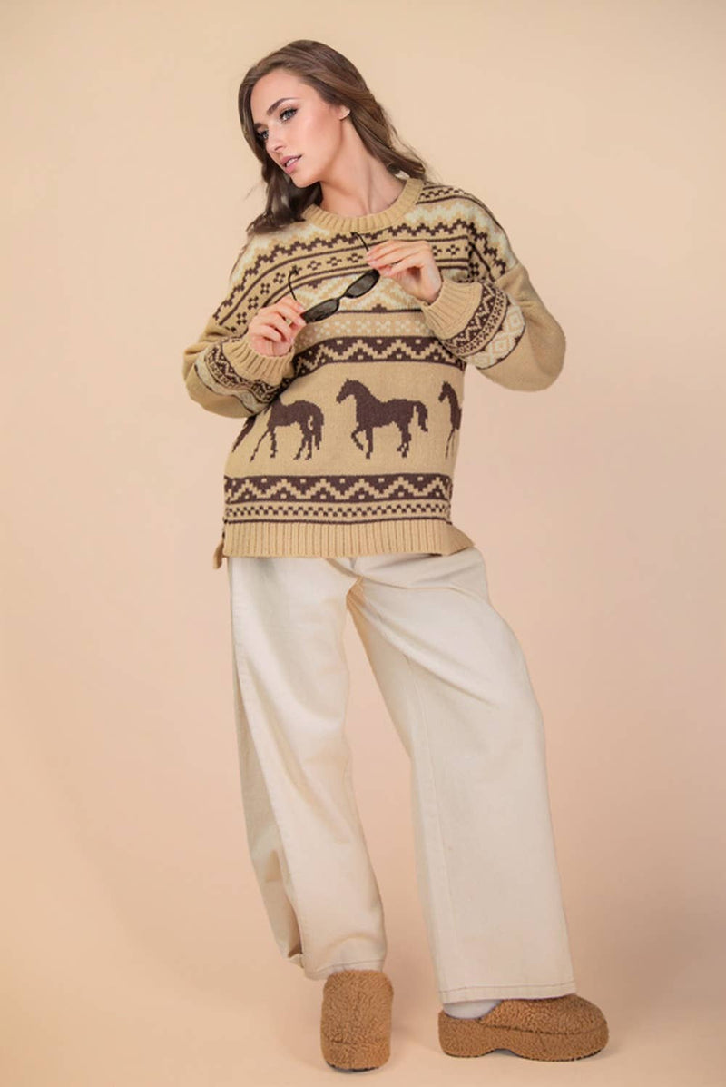 Western Graphic Oversized Knit Sweater Top