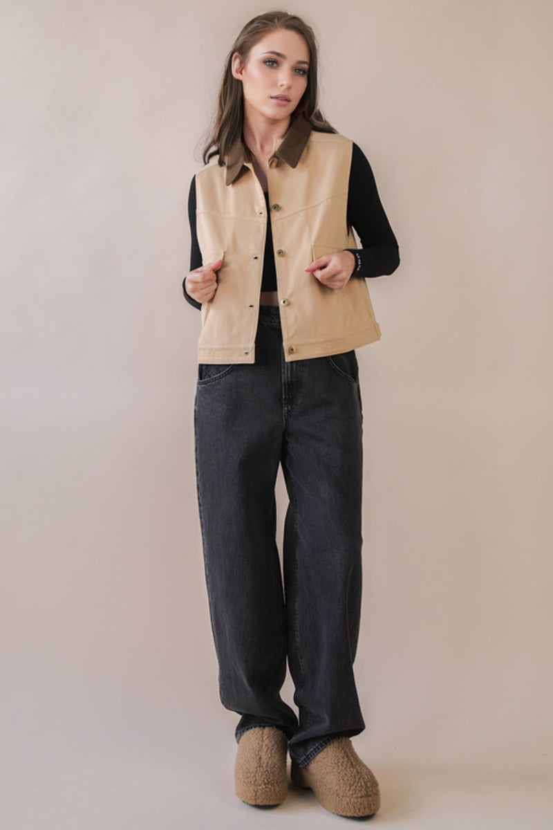 Washed Cotton Button Down Casual Vest: TAUPE
