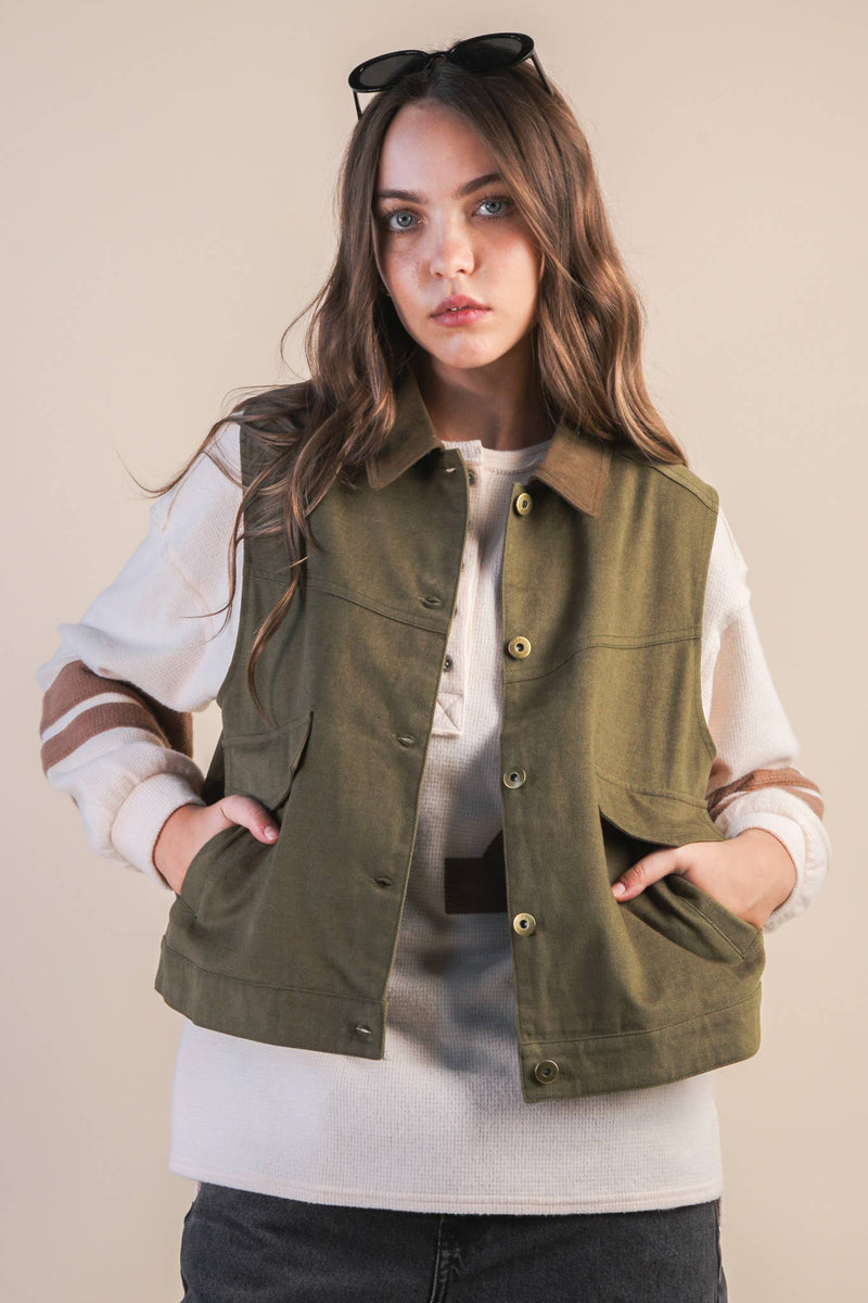 Washed Cotton Button Down Casual Vest: OLIVE