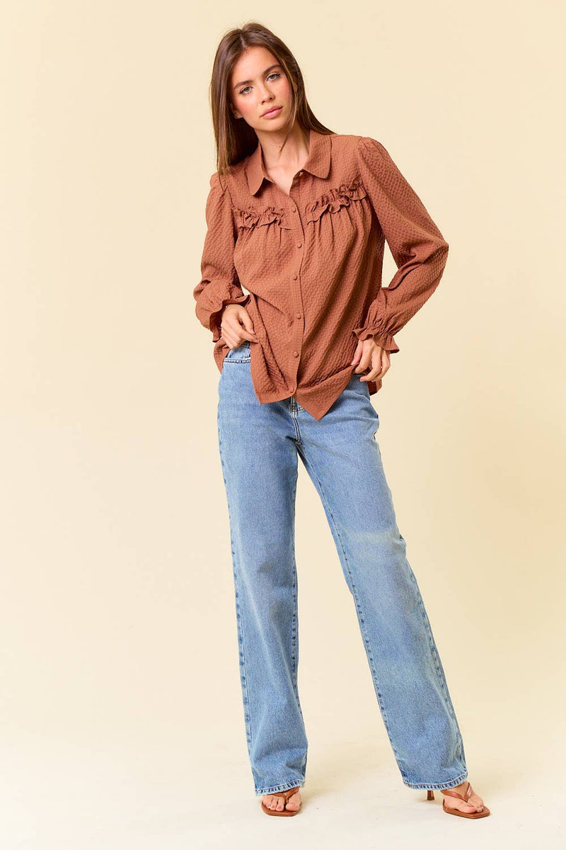 Textured Woven Long Sleeve Button Down Blouse
