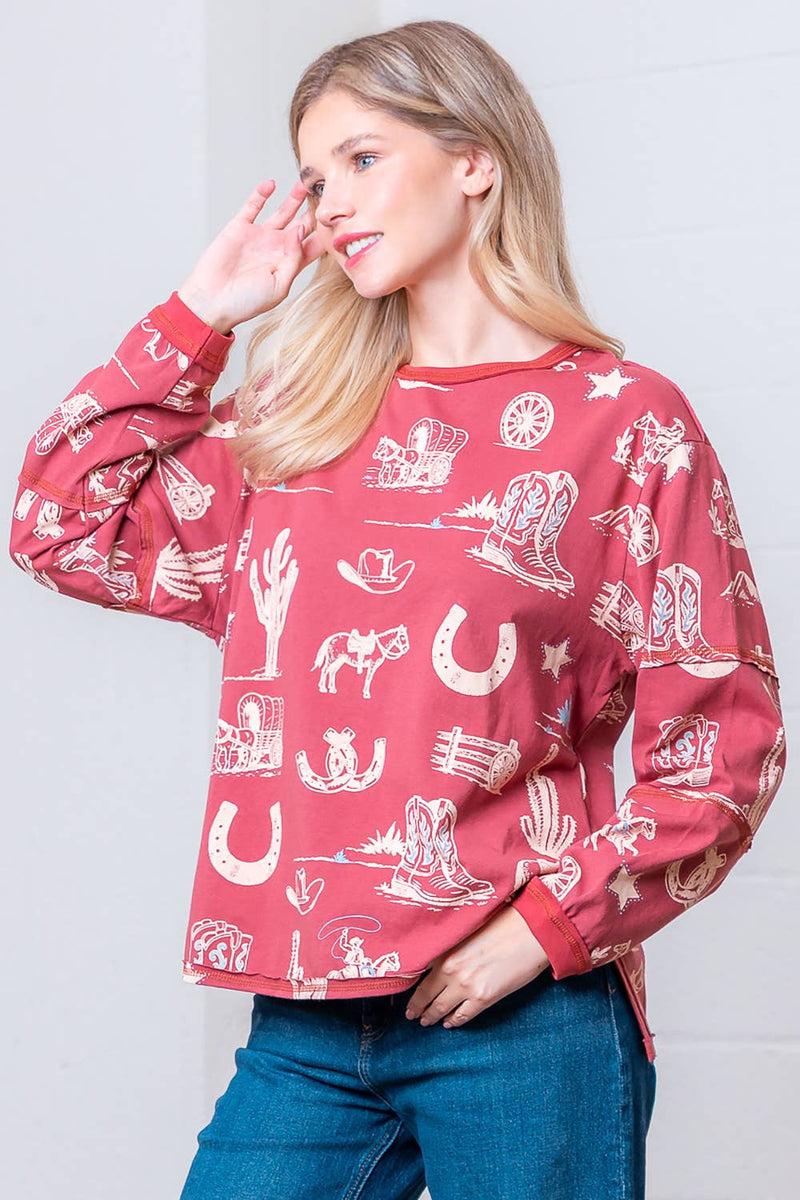 WESTERN PRINTED ROUND NECK LONG SLEEVE TOP