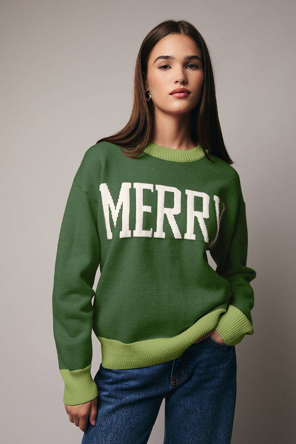 CREW NECK LONG SLEEVE "MERRY" SWEATER GREEN