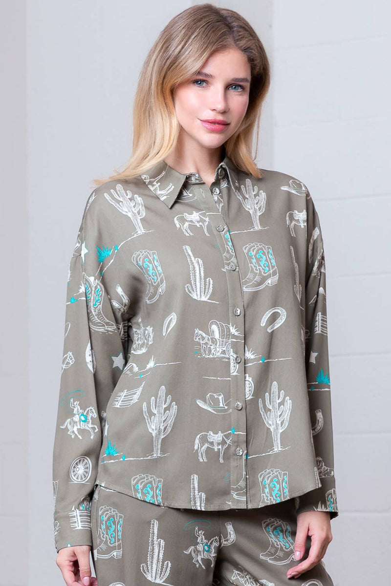 PRINTED L/S W/ COLLAR BUTTON DOWN OVERSIZED SHIRT