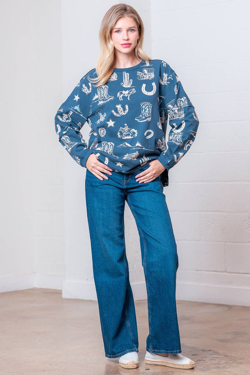 WESTERN PRINTED ROUND NECK LONG SLEEVE TOP: Navy