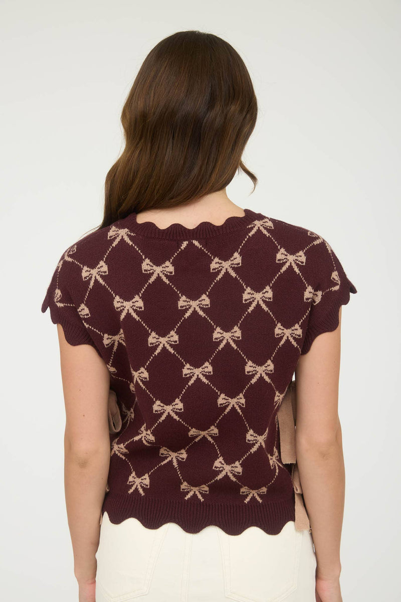 BURGUNDY BOW PATTERN SHORT SLEEVE SIDE TIE KNIT PULLOVER