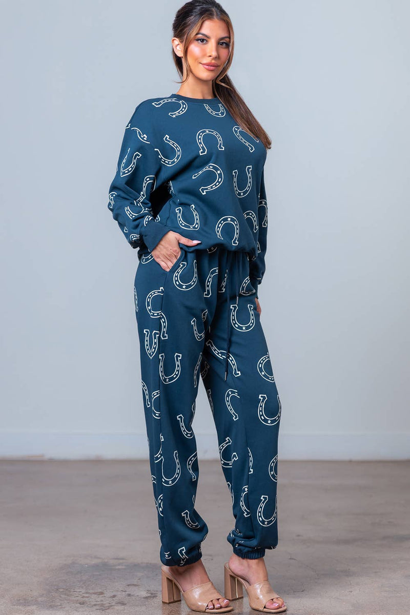 ROUND NECK HORSESHOE PRINTED SWEAT SHIRT: Navy