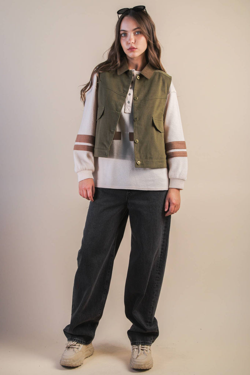 Washed Cotton Button Down Casual Vest: OLIVE