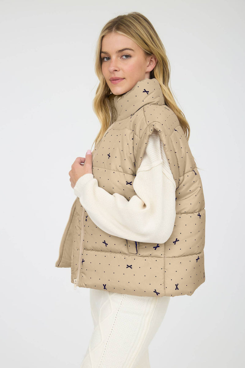 POLKA DOT BOW PATTERN ZIP-UP PUFFER VEST: LIGHT KHAKI