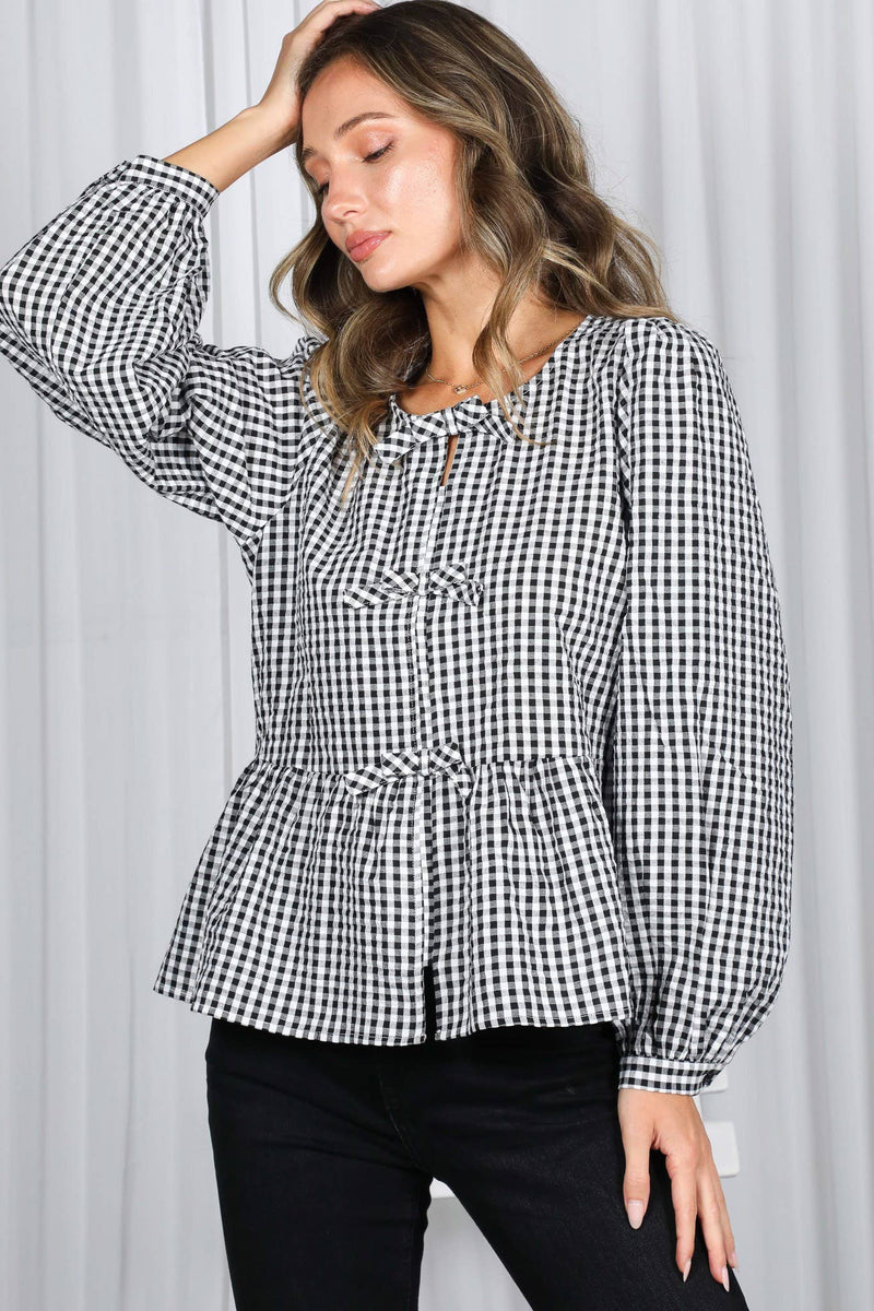 Feminine Bow Accent Charming Plaid Blouse VT83034B: Red / S