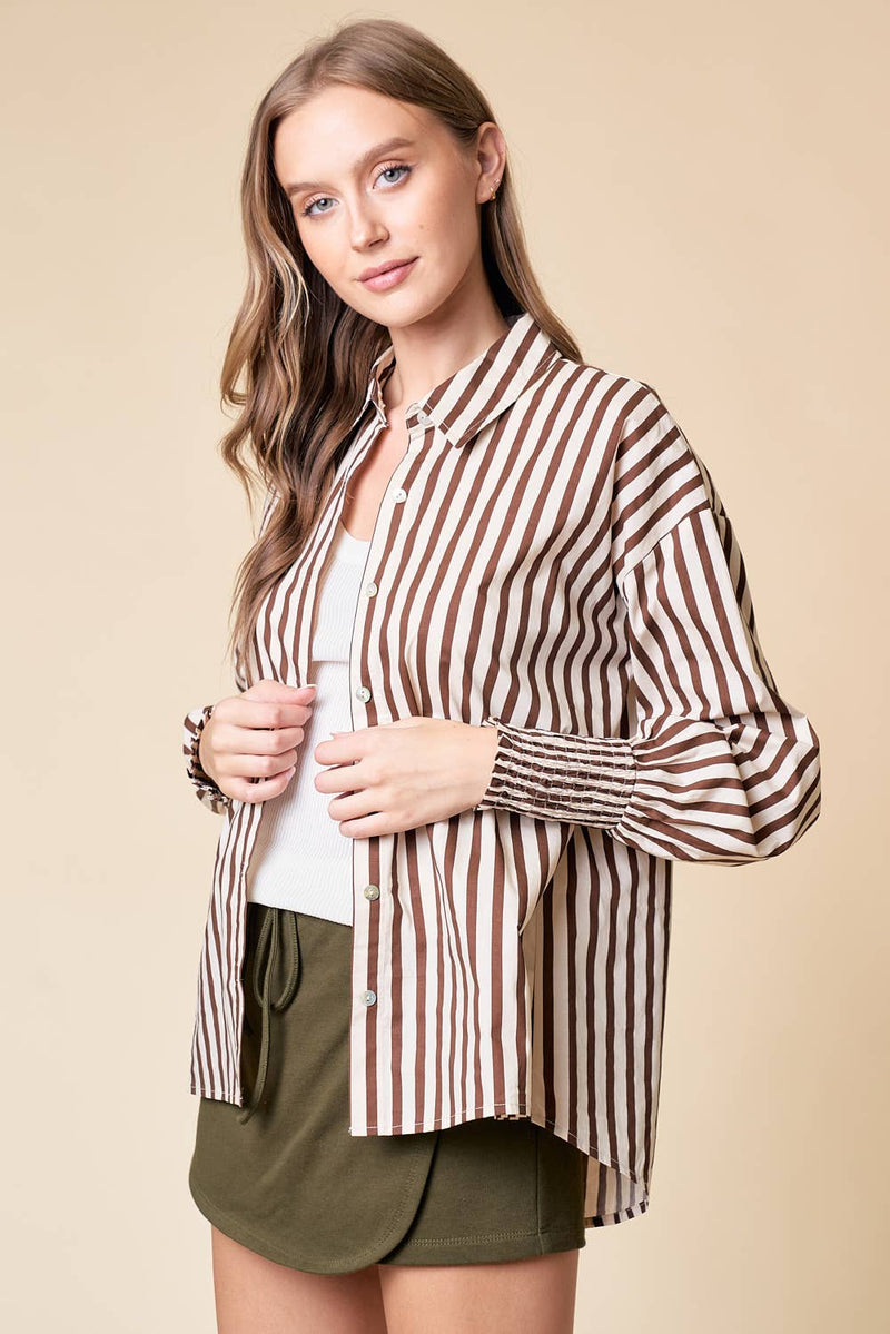 STRIPE MIXED OVER-SIZED BUTTON DOWN TOP