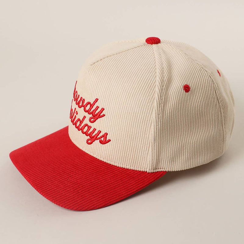 Howdy Holidays 3D Text Embroidery Corduroy Hat: RED / One Size