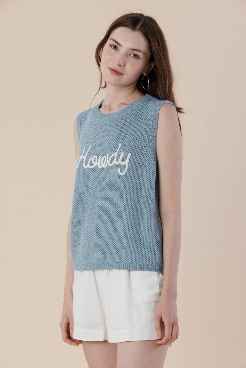 Howdy Embroidery Sweater Tank – Western Sleeveless Vest: LT. BLUE