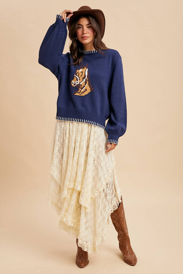HORSE MOTIF KNITTED SWEATER: CREME
