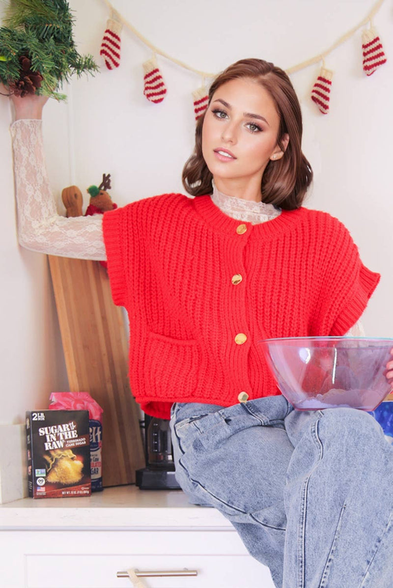 Oversized Button Down Knit Sweater Top: RED