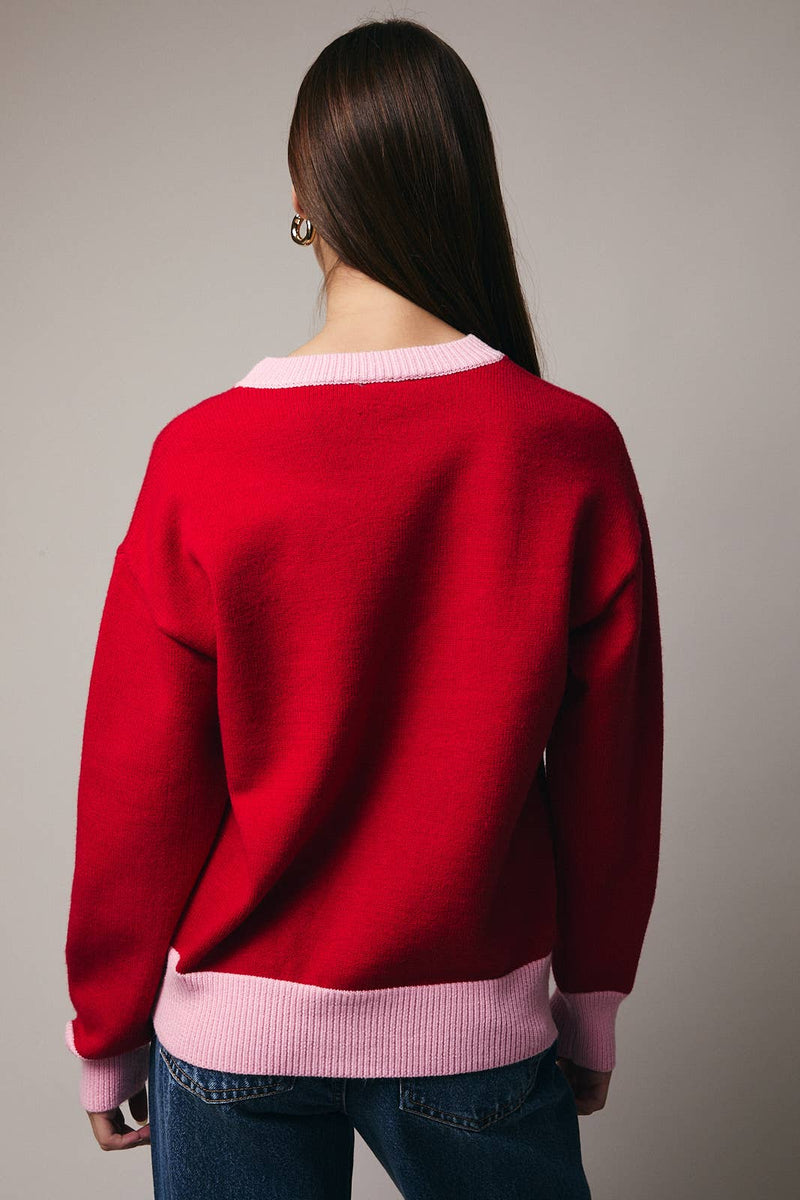 CREW NECK LONG SLEEVE "MERRY" SWEATER RED