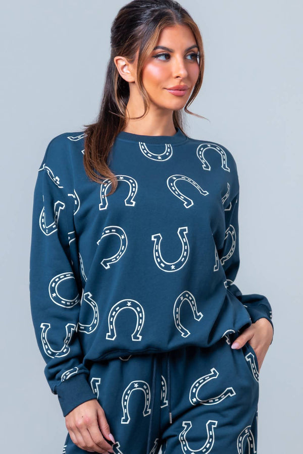 ROUND NECK HORSESHOE PRINTED SWEAT SHIRT: Navy