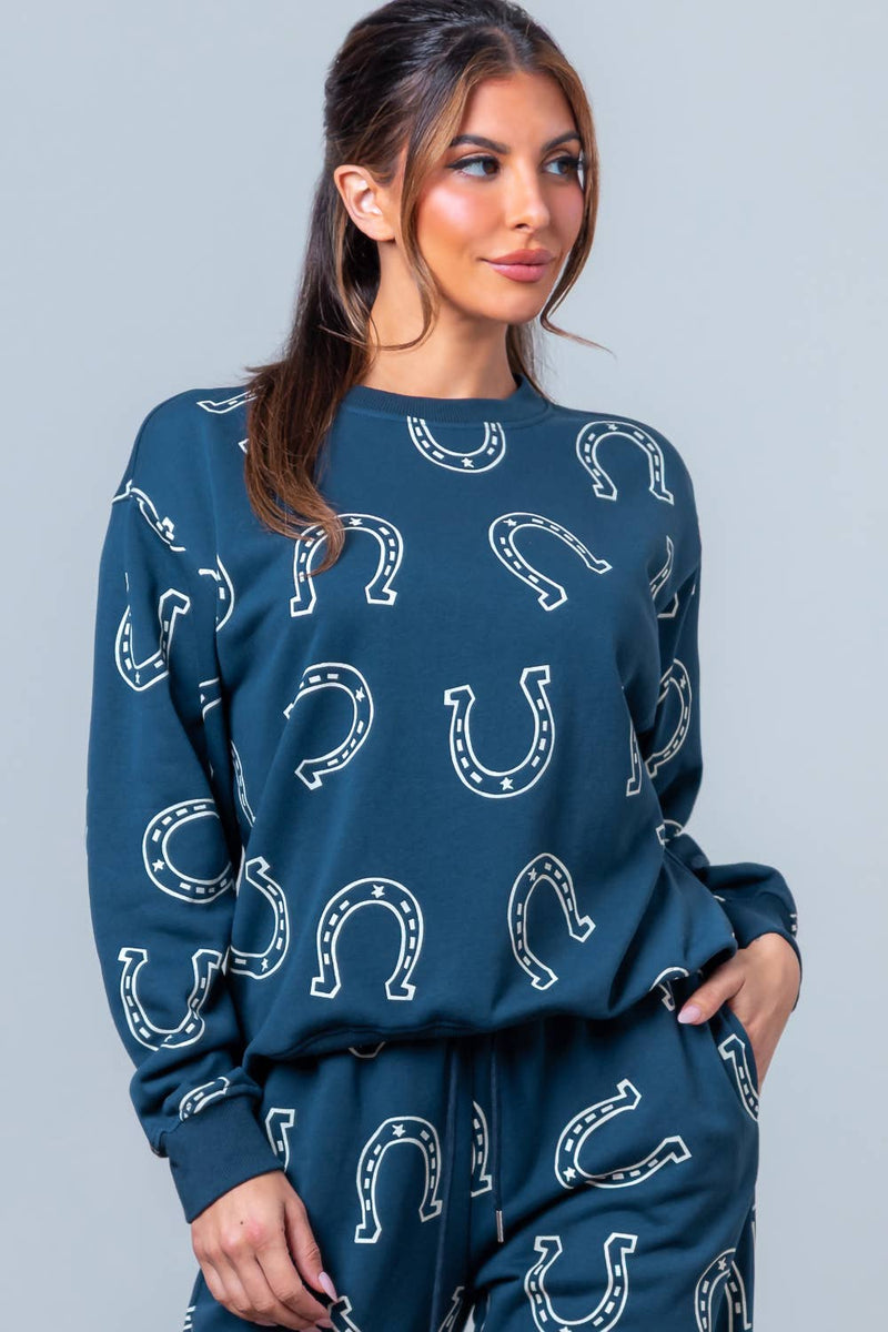 ROUND NECK HORSESHOE PRINTED SWEAT SHIRT: Navy