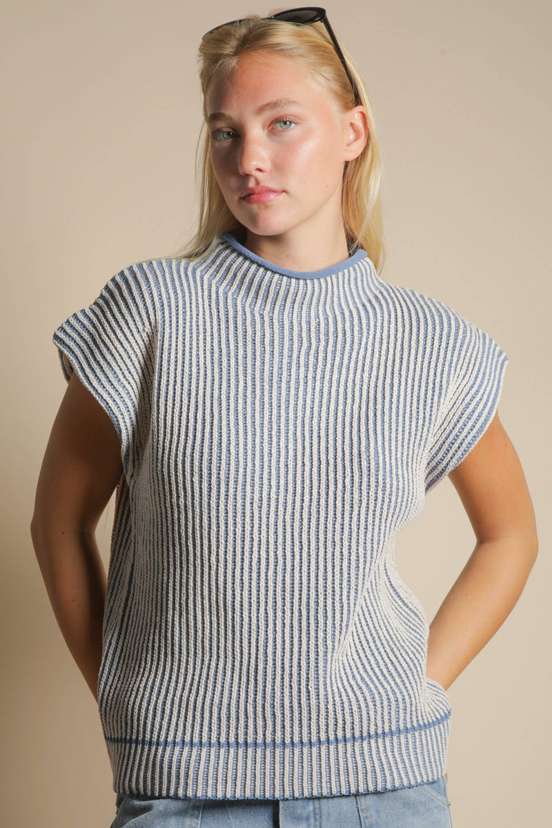 Two Tone Ribbed Knit Sweater Vest in DENIM BLUE