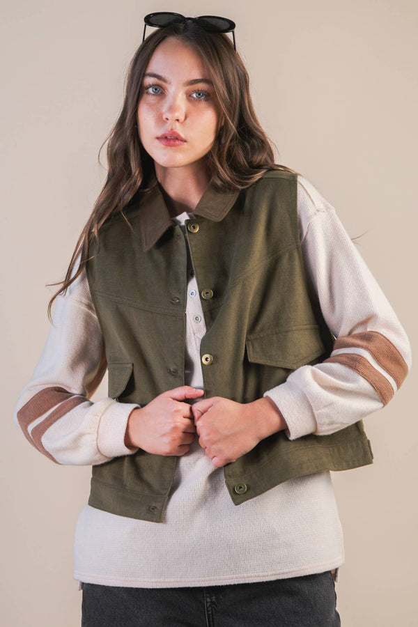 Washed Cotton Button Down Casual Vest: OLIVE