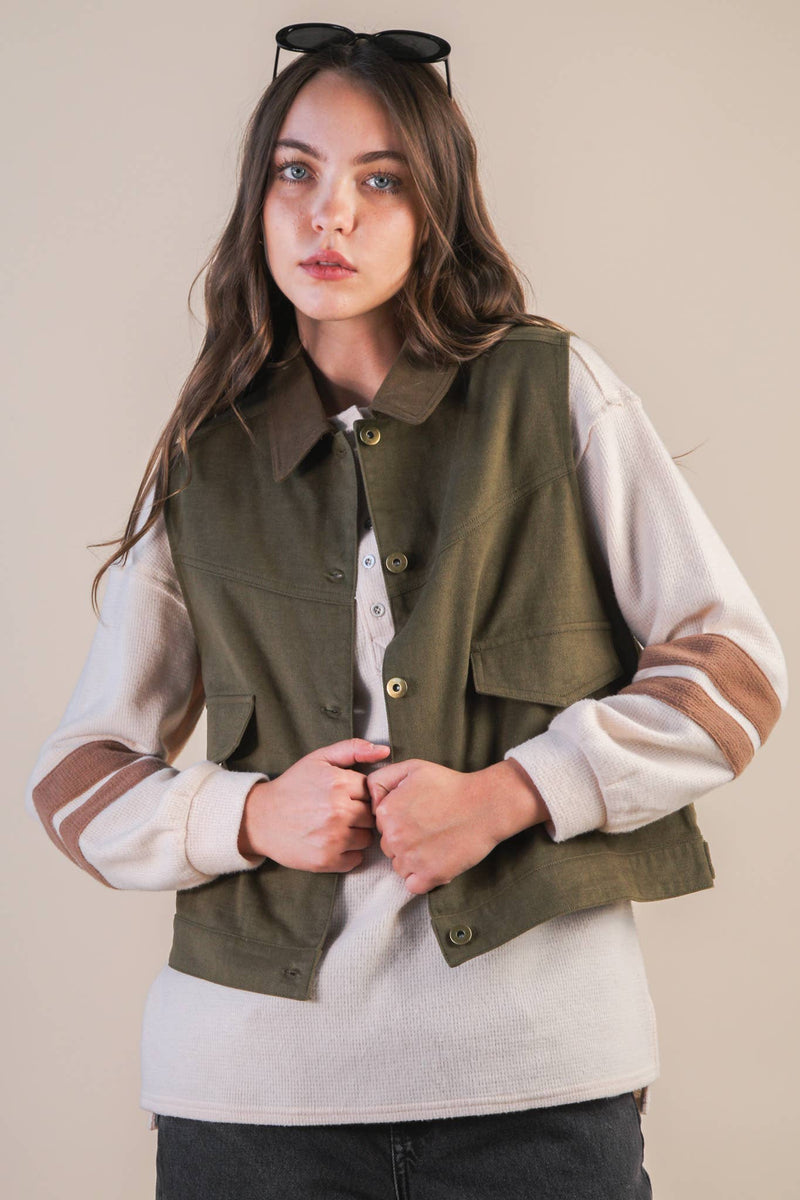 Washed Cotton Button Down Casual Vest: OLIVE
