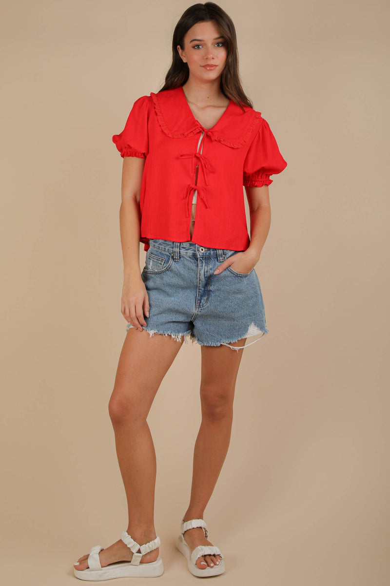 Eyelet Trim Detail Puff Sleeve Blouse: Red