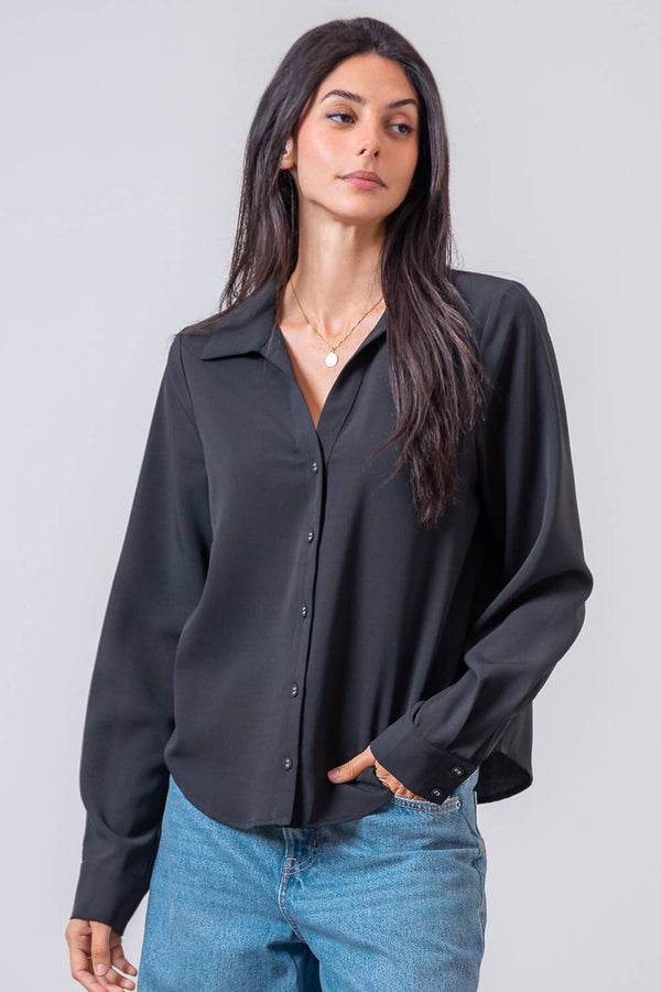 LONG SLEEVE BUTTON DOWN V-NECK SOLID SHIRT
