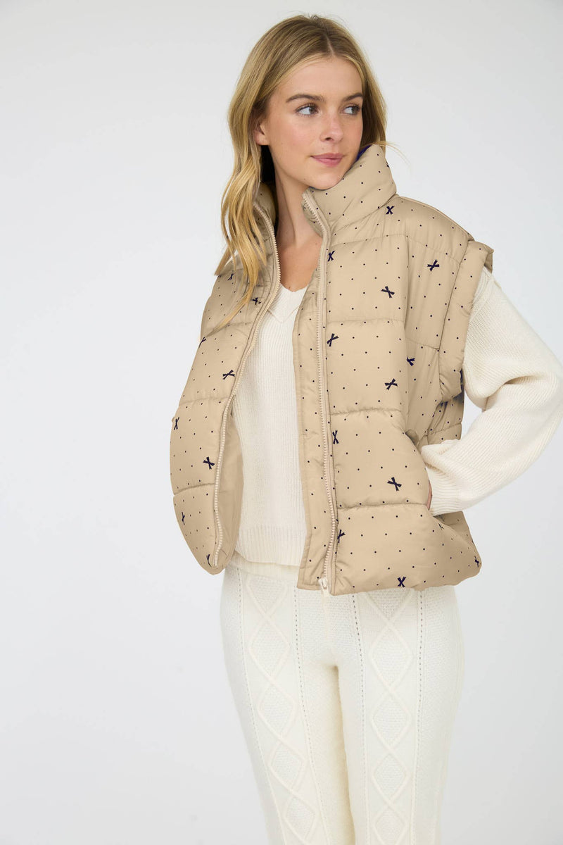 POLKA DOT BOW PATTERN ZIP-UP PUFFER VEST: LIGHT KHAKI