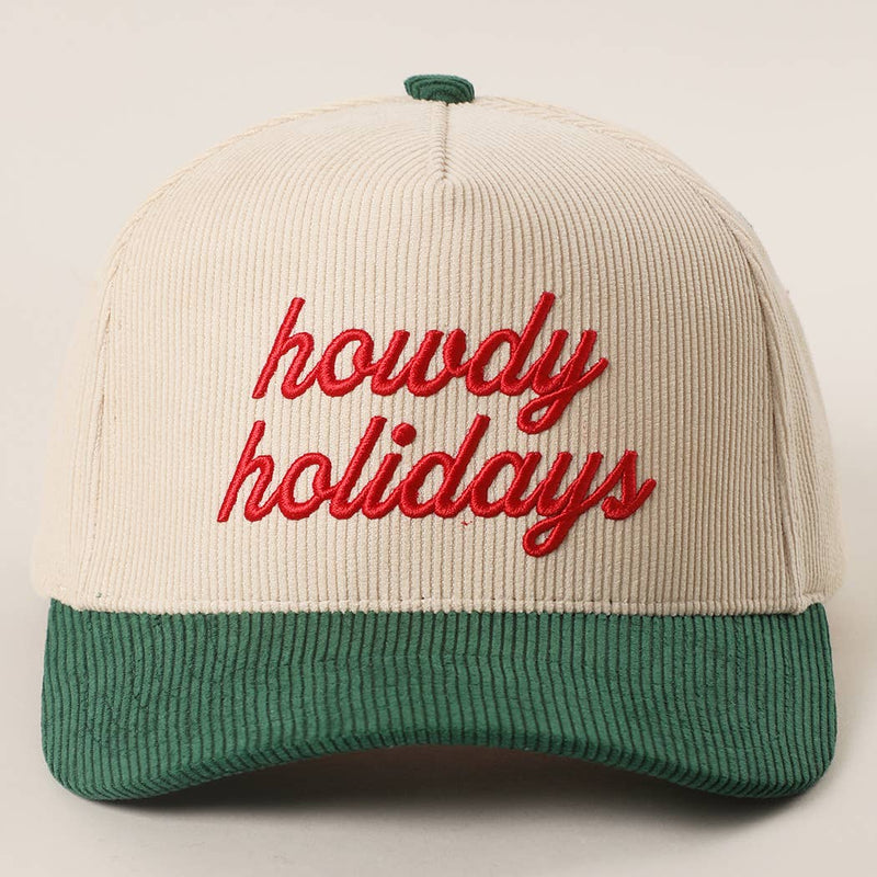 Howdy Holidays 3D Text Embroidery Corduroy Hat: RED / One Size