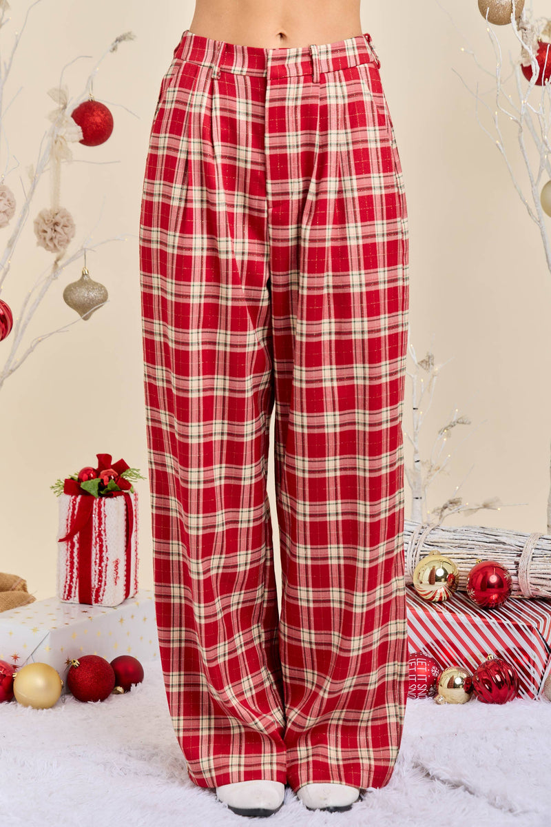Red Plaid Wide Leg Pants