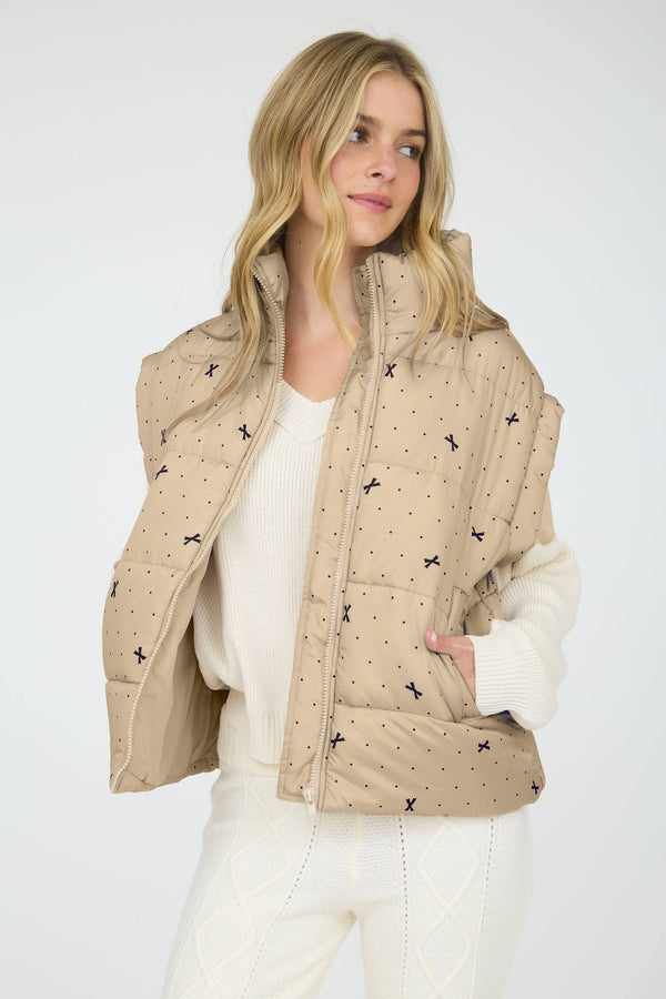 POLKA DOT BOW PATTERN ZIP-UP PUFFER VEST: LIGHT KHAKI