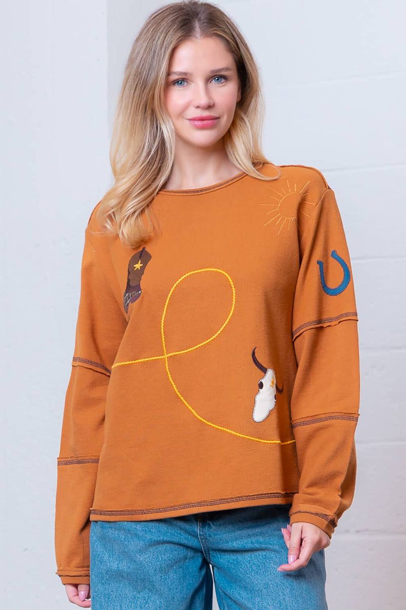 BOAT NECK WESTERN EMBO TOP: Camel