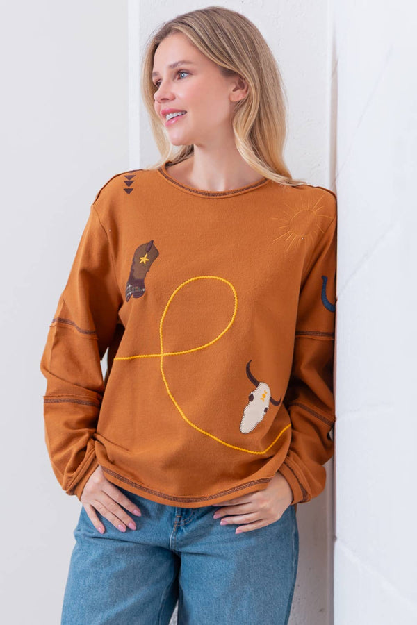 HT28793T-L/S BOAT NECK WESTERN EMBO TOP: Camel / Contemporary / S