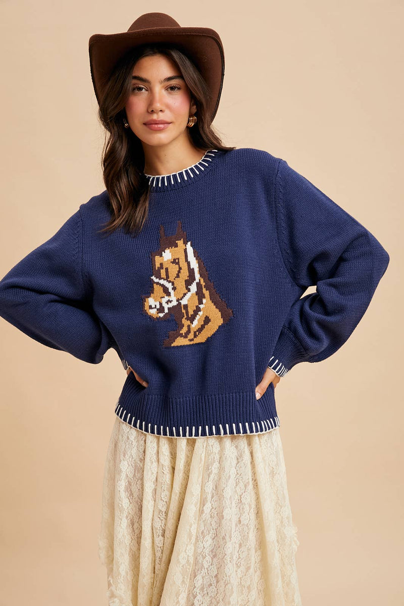 HORSE MOTIF KNITTED SWEATER: NAVY