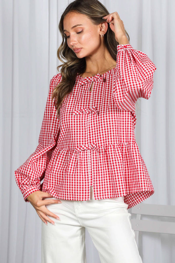 Feminine Bow Accent Charming Plaid Blouse VT83034B: Red / S