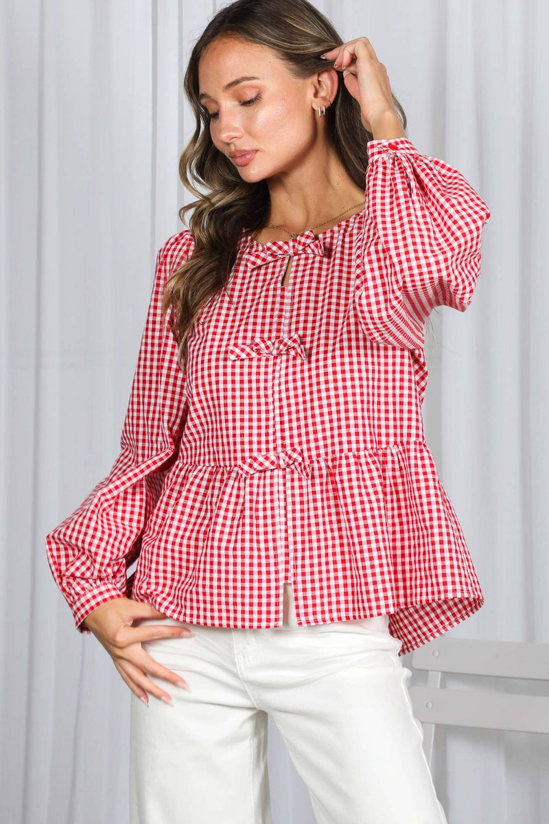 Feminine Bow Accent Charming Plaid Blouse VT83034B: Red / S