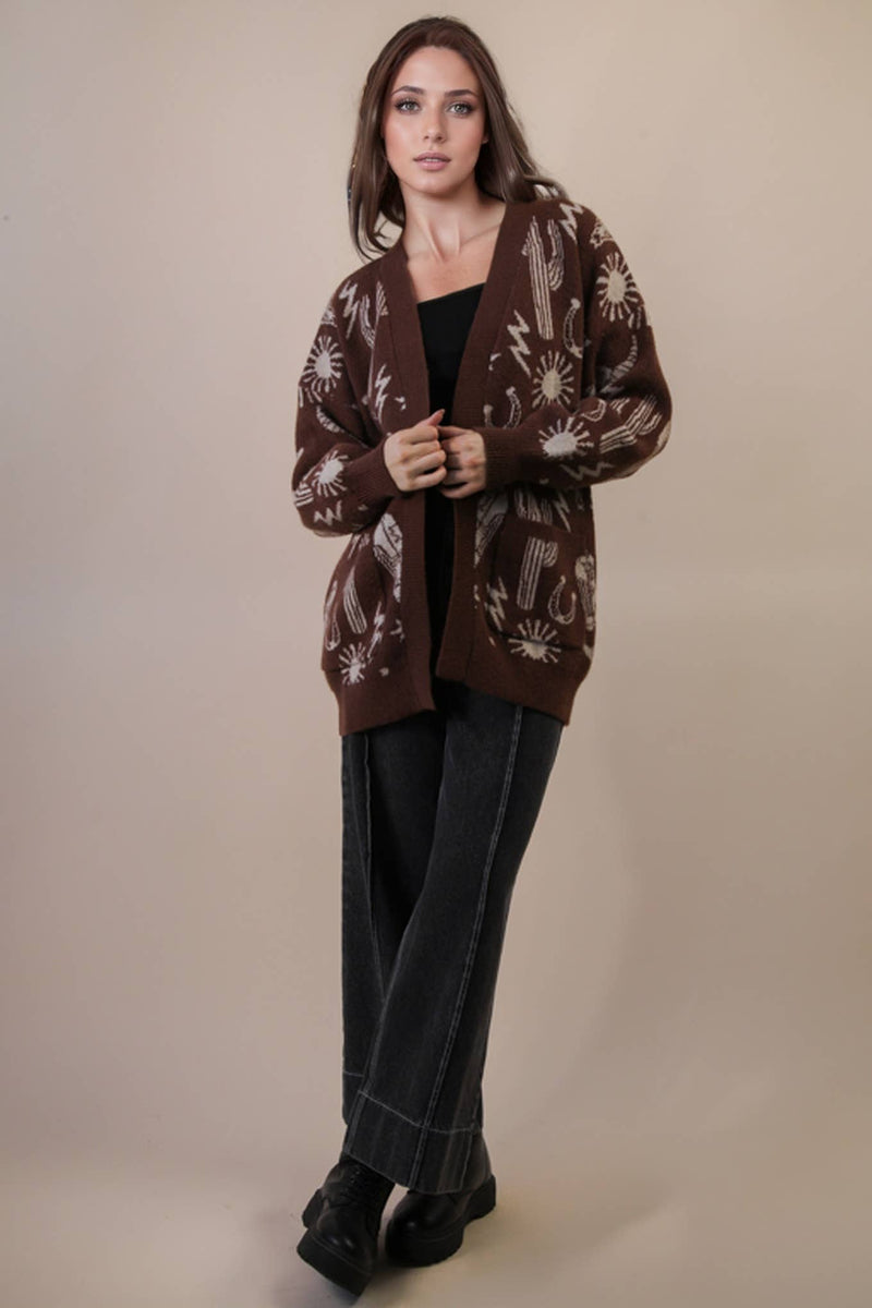 Oversized Western Graphic Knit Sweater Cardigan: CHOCOLATE