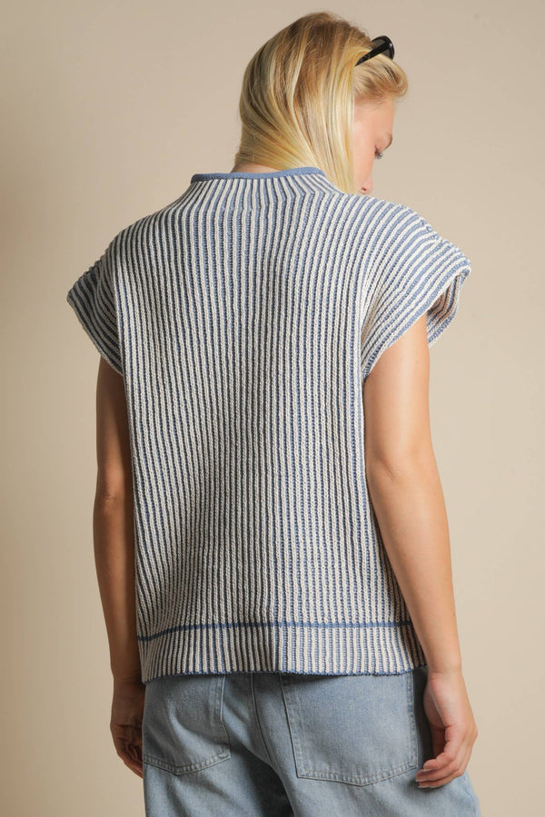 Two Tone Ribbed Knit Sweater Vest in DENIM BLUE