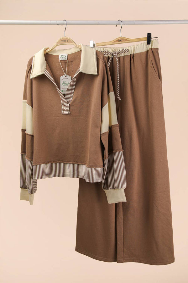 Color Block Casual Knit Top & Pants Set: MOCHA