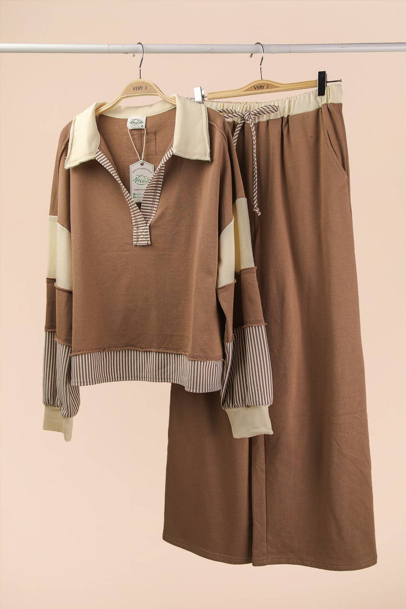 Color Block Casual Knit Top & Pants Set: MOCHA