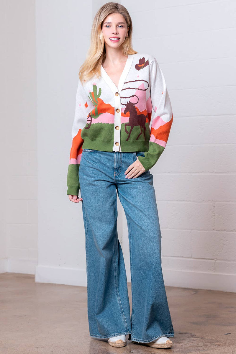 V-NECK BUTTON DOWN WESTERN SWEATER CARDIGAN