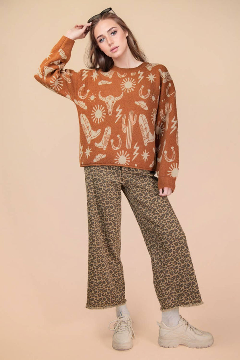 Western Graphic Oversized Knit Sweater Top: CAMEL