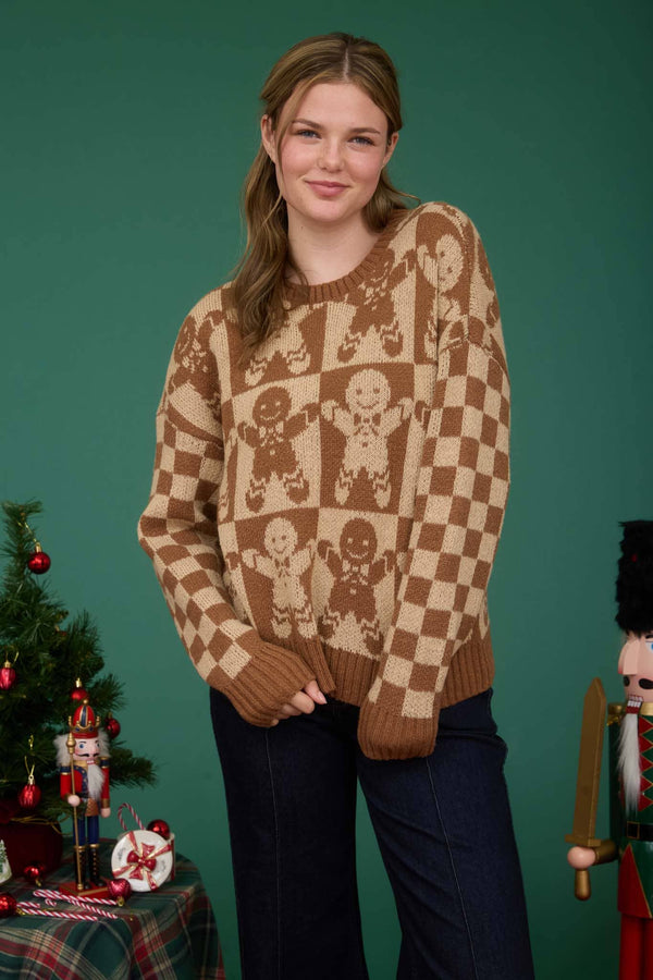 CHECKERED GINGERBREAD JACQUARD KNIT SWEATER: KHAKI MULTI