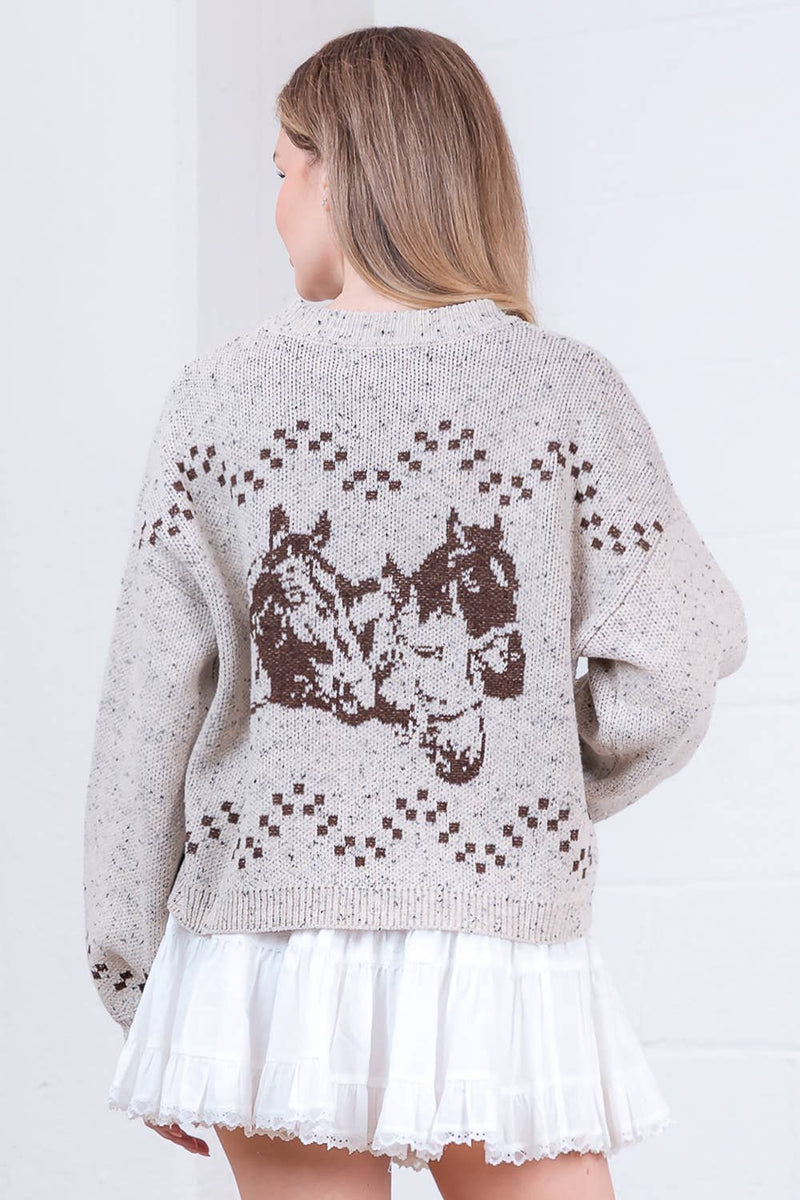 V-NECK BUTTON DOWN HORSES CARDIGAN SWEATER