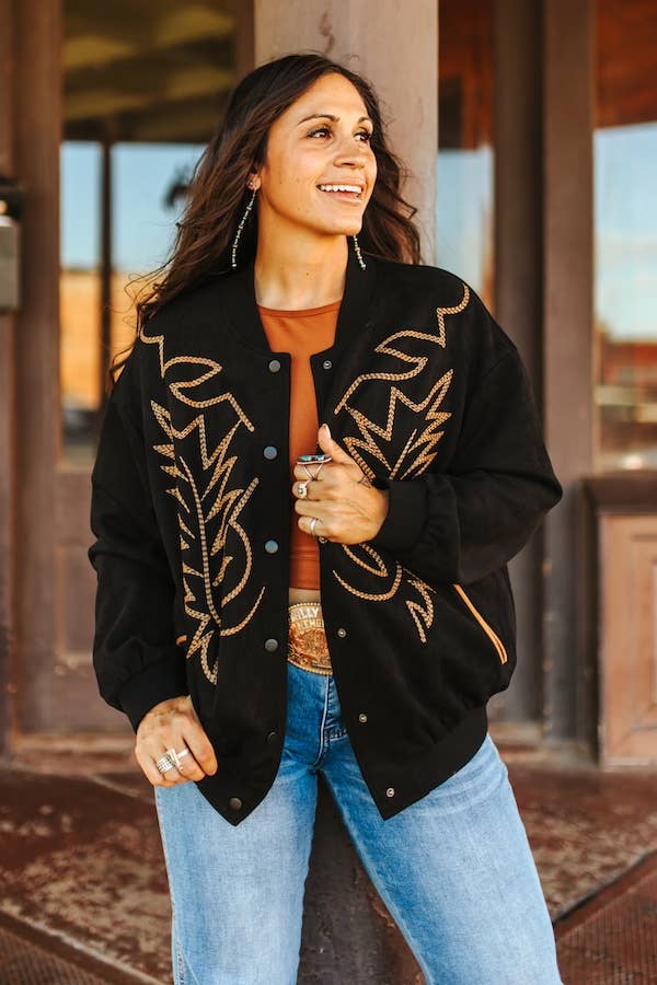 Black Suede Boot Stitching Embroidered Bomber Jacket