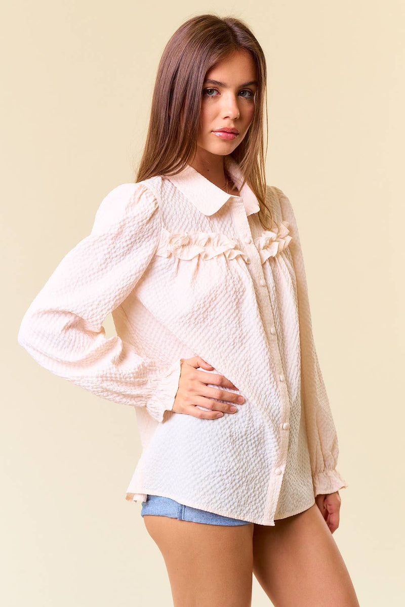 Textured Woven Long Sleeve Button Down Blouse