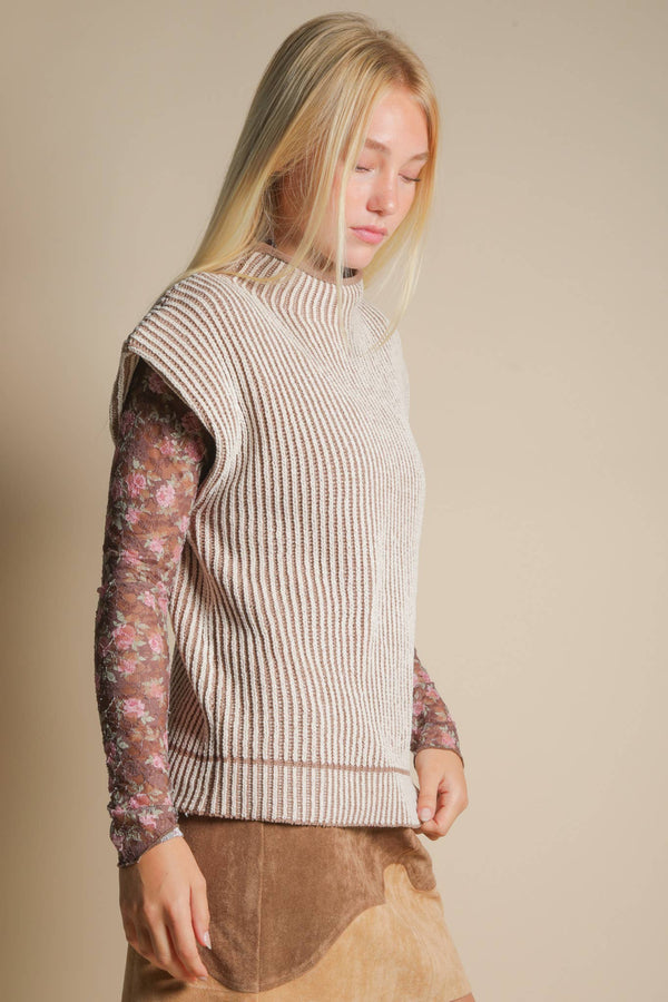 Two Tone Ribbed Knit Sweater Vest in MOCHA