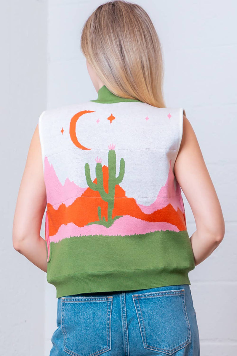 SLVLESS HIGH-NECK WESTERN MOTIVE SWEATER VEST: